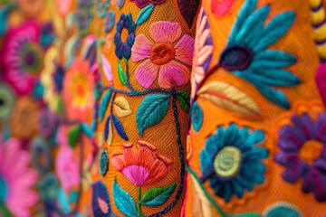 Poster - close-up view of colorful, handcrafted embroidery featuring intricate floral designs, highlighting the skill and artistry of textile decoration