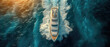 Yacht in the ocean. Aerial view of a luxury floating ship on the open ocean. Colorful landscape with a boat in the ​blue sea. Luxury cruise. Travel concept