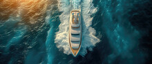 Yacht In The Ocean. Aerial View Of A Luxury Floating Ship On The Open Ocean. Colorful Landscape With A Boat In The ​blue Sea. Luxury Cruise. Travel Concept