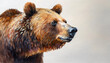 Oil painting of a bear head on pure white background canvas, copyspace on a side