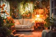 Warm and inviting living room filled with plants and cozy decor, featuring a comfortable sofa and warm lighting.