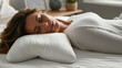 © Farid - A woman sleeps on an orthopedic pillow made of memory foam, lying on a bed. The correct pillow for a comfortable healthy sleep. Made with generative ai