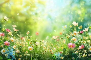 Poster - A tranquil wildflower meadow comes to life with an array of colorful blooms bathed in the soft, warm light of an early sunrise, creating a serene and picturesque setting.