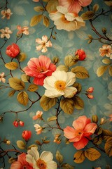 Poster - beautifully crafted floral wallpaper featuring a design of vibrant blossoming flowers against a soothing blue background, evoking a sense of serenity and nature-inspired decor