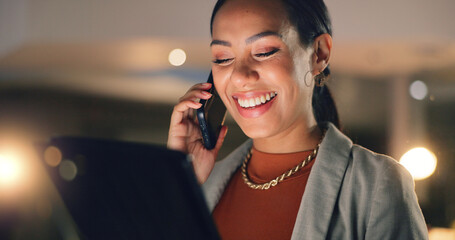 Wall Mural - Phone call, tablet and night in office, businesswoman in conversation and business networking with smile. Discussion, internet research and digital app, happy woman talking in overtime at workplace.