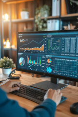 A computer technician and software analyst programming a computer for a sales and marketing business while on the internet, stock illustration image