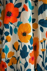 Poster - brightly patterned floral cloth featuring bold red and orange blooms with blue foliage, bathed in natural light