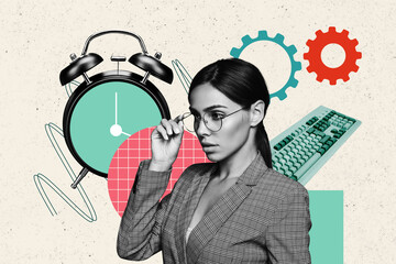 Poster - Creative drawing collage picture of confident attractive female boss entrepreneur clock time working process billboard comics zine minimal