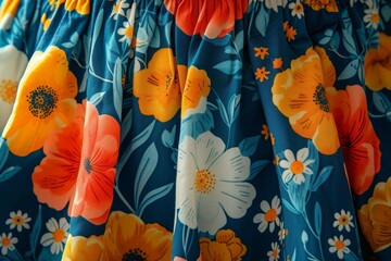 Poster -  a detailed view of a vibrant floral pattern on fabric, highlighting the intricate design and colorful print