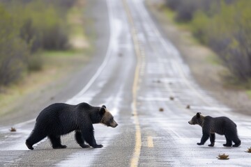 bear cub following mother across an empty mountain road