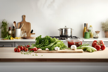 Fresh vegetables on wooden table in modern kitchen interior. Healthy food concept