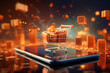 Shopping cart and smartphone with digital city on the background. 3D rendering