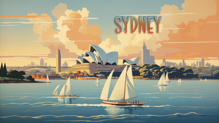 Wall Mural - Travel poster of Sidney in a vintage style created with Generative AI technology