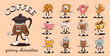 © tanyabosyk - Retro groovy set with coffee mascot, cartoon characters, funny colorful doodle style characters, cappuccino, cocoa, latte, espresso and americano. Vector illustration on beige isolated background.