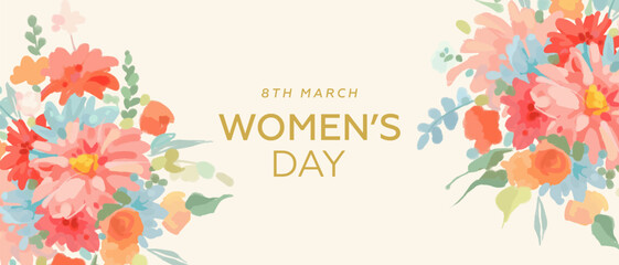  Horizontal wallpaper or web banner for the international women's day with colorful watercolor flowers. Festive elegant floral background. Vector illustration