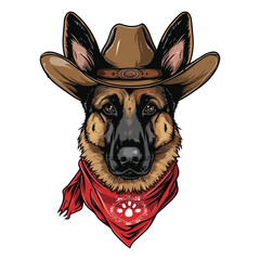 german shepherd dog Head wearing cowboy hat and bandana around neck