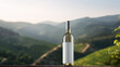a single wine bottle with white blank labels for mockup, set against a backdrop of rolling vineyard hills in the early morning mist