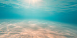 Fototapeta  - Seabed sand with blue tropical ocean above, empty underwater background with the summer sun shining brightly, creating ripples in the calm sea water
