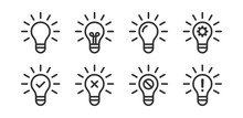 Light Bulb Icon. Idea, Creative, Innovation Bulb. Electric Energy. Bright Lamp. Block, Cancel, Gear, Check Mark, Exclamation Mark Signs.