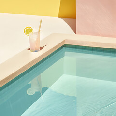 Wall Mural - Crystal clear blue water in the swimming pool and refreshment drink. Summer vacation wallpaper