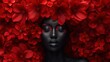 black shiny skin woman with red flowers, elegance fashion portrait of pretty African woman, Generative Ai