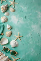 Wall Mural - Seashells and sea stars frame on the sand. Summer holiday vacation concept wallpaper.