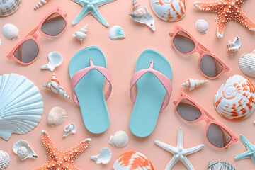 Wall Mural - Summer pattern background with beach slippers, sunglasses, seashells, star fish on the peach pastel background. Holiday concept wallpaper