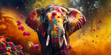 Fototapeta Sport - elephant in holi colors against bright colorful jungle background, multicolored explosions of holi colors, holi festival