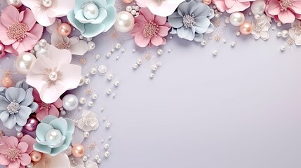 Beautiful gentle spring flowers in pastel colors and shining luxurious pearl forming a frame with empty copy space in the center, photorealistic