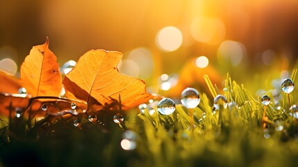 Fallen autumn leaves with dew in grass web banner. Autumn leaves with water drops closeup nature background. Golden autumn leaf in the grass in the sun 