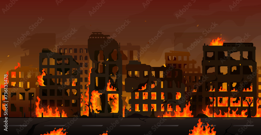 Burning city, damaged buildings and destroyed houses. War and terror ...