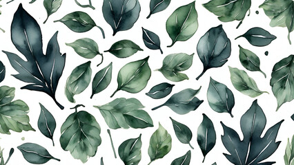 Wall Mural - Watercolor dark green leaves on white background  seamless pattern. generated by AI