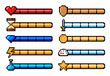 © Vector Tradition - 8bit pixel arcade game experience bars and energy levels, vector UI interface elements. Arcade video game life, power and health load, gauge, meters and progress bars with coins score in 8 bit pixel