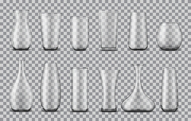 Realistic glass flower vases isolated 3d vector set. Transparent containers designed to hold and display fresh blossoms, come in various shapes and sizes, perfect for stylish elegant home decor