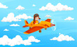 © Vector Tradition - Boy kid flying on plane or child pilot on airplane in cloudy sky, cartoon vector background. Kid pilot flying on propeller plane in aviator helmet with goggles for boy aviation dream or kid game
