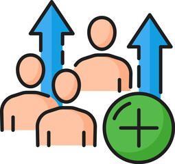 Fototapete - Customer growth. CDN. Content delivery network icon, website database upload and update service pictogram, web media file storage and backup server vector sign or icon with people, figure, up arrow