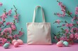 A blank bag mockup with spring season floral concept and Easter Egg with empty space, Generative AI