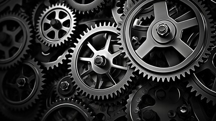 Poster - Retro black and white background of industrial cogs or gears with movement