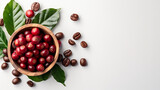 Fototapeta Do akwarium - Isolated set of coffee berries, beans and coffee cherries from arabica coffee. This file has clip paths separate object easy to useful for works like menu design, brochure, magazine, food business.