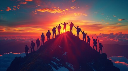 Silhouette back group of man team celebrating success on top mountain, sky and sunset background. Business, teamwork, achievement and person concept. Vector illustration.