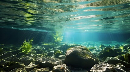 Wall Mural - underwater of river natural landscape with stone pebble and water tree leaf flow in water beautiful nature background
