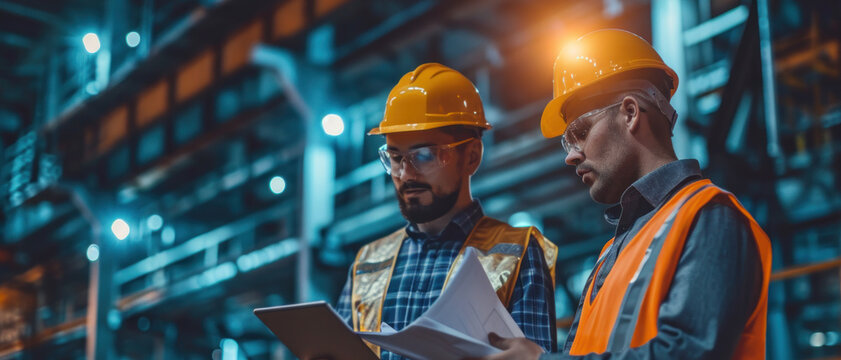 Teamwork men in construction site, Two civil engineer or professional foreman in safety helmet hard hat using blueprint in digital tablet working while standing at industrial factory