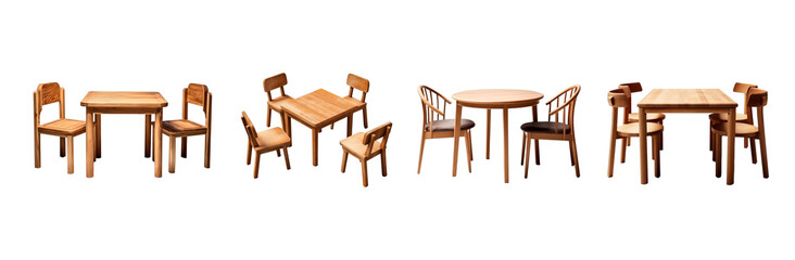 Set of wood table and chairs isolated on transparent background, table dining,indoor or outdoor house design concept.