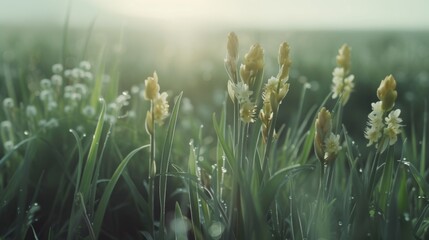 Poster - A bunch of flowers lying in the grass. Can be used to represent nature, beauty, or a peaceful outdoor setting