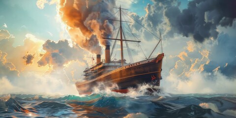 Wall Mural - A painting of a ship in the middle of the ocean. Suitable for various uses