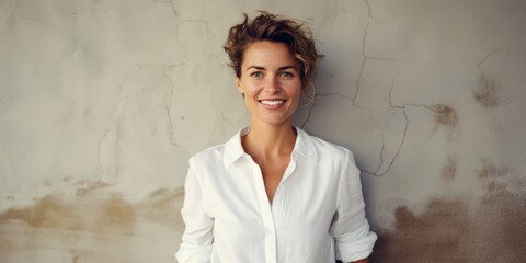 Poster - A woman in a white shirt standing against a wall. Suitable for various applications