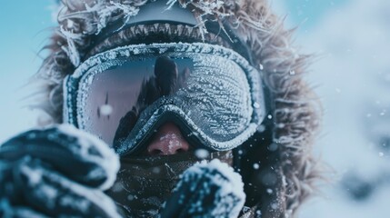 Canvas Print - A person wearing a jacket and goggles in the snow. Suitable for outdoor winter activities