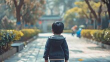 Asian Boy Walking In The Park, Vintage Filter, Shallow Depth Of Field