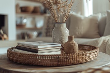 Canvas Print - A table with books and a vase. Suitable for home decor or educational themes