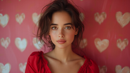 Wall Mural - portrait d'une jeune femme amoureuse en robe rouge sur fond de papier peint avec motifs de cœur